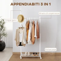 HOMCOM Stender Appendiabiti da Terra con Ruote, 5 Ganci e Ripiano Inferiore Porta Scarpe, Bianco(m-4)
