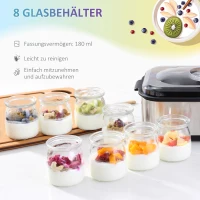 HOMCOM Joghurtbereiter Griechische Joghurtmaschine mit Deckel, 8 BPA-freier Glas-Innenbehälter à 180 ml, Joghurt Maker mit LCD Display Timer, für bis zu 1,4 Liter Joghurt 25 W Silber(m-4)