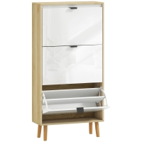 HOMCOM Sapateira Estreita com 3 Portas em Branco Brilhante Prateleiras Ajustáveis Pernas de Madeira para 18 Pares de Sapatos 60x24x127 cm