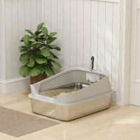 PawHut Caixa de Areia para Gatos em Aço Inoxidável XXL com Borda Alta Pá Fácil de Limpar À Prova de Fugas 70x50x30 cm Cinzento(m-2)