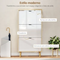 HOMCOM Sapateira Estreita com 3 Portas em Branco Brilhante Prateleiras Ajustáveis Pernas de Madeira para 18 Pares de Sapatos 60x24x127 cm(m-4)