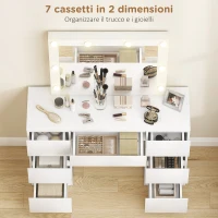 HOMCOM Toeletta Trucco con Specchio Stile Hollywood, 8 Luci LED, 7 Cassetti e Sgabello Imbottito, Bianco(m-5)