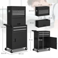 HOMCOM Armadio porta attrezzi chiudibile a chiave, set 3-in-1 carrello portautensili mobile con 6 cassetti e pannello forato, armadio porta attrezzi in acciaio smontabile per garage e officina, Nero(m-3)