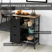 HOMCOM Carrinho de Cozinha com Rodas com 3 Gavetas 2 Prateleiras Abertas e Bandeja 67x37x85,5 cm Preto(m-4)