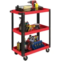 HOMCOM Cărucior Porta Unelte cu 3 Rafturi din Metal și PP, 70.5x35x82.5 cm, Roșu și Negru(m-11)