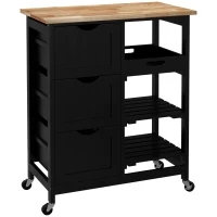 HOMCOM Carrinho de Cozinha com Rodas com 3 Gavetas 2 Prateleiras Abertas e Bandeja 67x37x85,5 cm Preto(m-1)