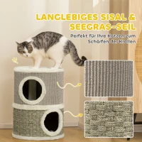 PawHut Krabton, 49 cm hoog, Ø35,5 cm tweelaagse kattenton met pluche rand krabmat, 2 holen Khaki+Koffie(m-6)