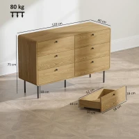HOMCOM 6-Drawer Dresser Storage Cabinet Modern Style Rounded Corners and Steel Legs 120 x 40 x 75 cm Oak-Effect(m-3)