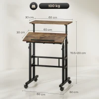 HOMCOM Scrivania Regolabile in Altezza con Ripiano e Ruote, 60 x 60 x 70,5-120 cm, Marrone(m-3)