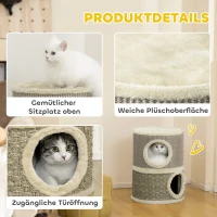 PawHut Krabton, 49 cm hoog, Ø35,5 cm tweelaagse kattenton met pluche rand krabmat, 2 holen Khaki+Koffie(m-5)