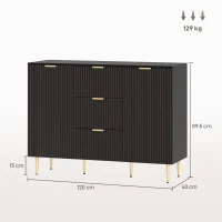 HOMCOM Sideboard kitchen storage cabinet with 3 drawers, adjustable shelves, fluted door cupboards, 120 x 40 x 90 cm, black(m-3)