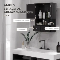 kleankin Armário de Parede para Casa de Banho com 2 Portas Prateleira Aberta e 2 Gavetas Estilo Moderno 50,8x17,8x66 cm Preto(m-4)