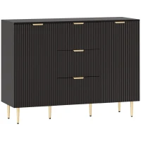 HOMCOM Sideboard kitchen storage cabinet with 3 drawers, adjustable shelves, fluted door cupboards, 120 x 40 x 90 cm, black(m-1)