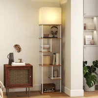 HOMCOM Lampada da Terra con Ripiani Temperature di Colore Regolabili 3000K-6500K Telecomando Lampadina E27 Legno naturale(m-2)