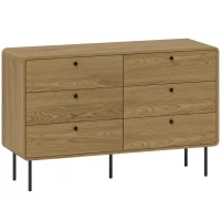 HOMCOM 6-Drawer Dresser Storage Cabinet Modern Style Rounded Corners and Steel Legs 120 x 40 x 75 cm Oak-Effect(m-1)