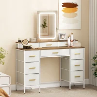 HOMCOM Schminktisch mit Spiegel und 3‑farbiger LED-Beleuchtung, Schminktisch 10 Stoffschubladen, 118,5 x 39,5 x 140 cm natur(m-2)