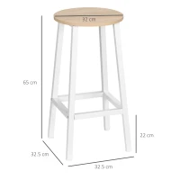 HOMCOM Conjunto de 2 Bancos Altos de Cozinha Bancos de Bar com Pés de Aço e Apoio para os Pés 32,5x32,5x65cm Madeira e Branco(m-3)