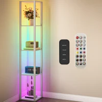 HOMCOM RGB LED Floor Lamp with Shelves, Modern Dimmable Standing Lamp with Remote Control, Adjustable Brightness & Speed for Living Room, Bedroom, Office, Oak(m-10)
