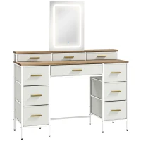HOMCOM Schminktisch mit Spiegel und 3‑farbiger LED-Beleuchtung, Schminktisch 10 Stoffschubladen, 118,5 x 39,5 x 140 cm natur(m-1)
