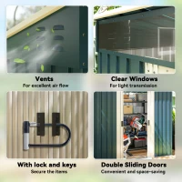 Outsunny 6.5 x 4FT Galvanised Metal Shed with Foundation Kit, Lockable Tool Garden Shed with Double Sliding Doors, Vents, Green(m-9)