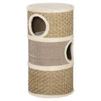 PawHut Tonel Rascador para Gatos con 3 Niveles Barril de Rascado con Plataforma Cama Cómoda Ø37,5x70 cm Marrón Claro y Beige(m-11)