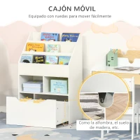 HOMCOM Estantería Infantil de Madera con 3 Compartimentos 2 Cubos y Cajón Móvil con 4 Ruedas 60x29,9x90 cm Blanco(m-6)