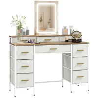 HOMCOM Schminktisch mit Spiegel und 3‑farbiger LED-Beleuchtung, Schminktisch 10 Stoffschubladen, 118,5 x 39,5 x 140 cm natur(m-7)