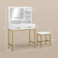 HOMCOM Masă de Machiaj cu Oglindă LED și Scaun, 2 Sertare, 5 Rafturi, pentru Baie, Alb(m-3)