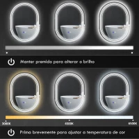 kleankin Espelho Casa de Banho com Iluminação 70x50 cm Espelho de Parede com 3 Cores de Luz Brilho Ajustável Função Anti-Embaciamento Função Memória(m-5)