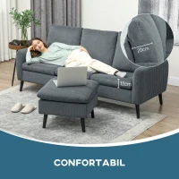 HOMCOM Canapea Colțar 3 Locuri, cu Otoman Detasabil, Perne cu Fermoar și Picioare Reglabile, Suport 360 kg, 196L x 140l x 88Î cm, Gri Cărbune(m-7)