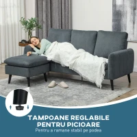HOMCOM Canapea Colțar 3 Locuri, cu Otoman Detasabil, Perne cu Fermoar și Picioare Reglabile, Suport 360 kg, 196L x 140l x 88Î cm, Gri Cărbune(m-9)
