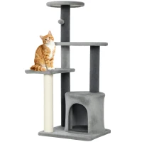 PawHut Arbre à Chat Multi-niveaux Hauteur 103 cm avec Poteaux Griffoirs en Sisal, Maisonnette et Boule en Peluche, Gris(m-6)