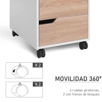 HOMCOM Cajonera de Oficina con Ruedas Mueble Archivador con 3 Cajones Cajonera para Escritorio Estudio 40x50x57,5 cm Roble y Blanco(m-6)