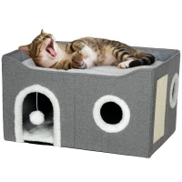 PawHut Maison pour Chats Pliable avec Griffoir 3 Entrées Boule Suspendue Coussin Réversible en Peluche et Tissu Type Lin 60x40x34 cm Gris(m-6)