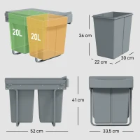 HOMCOM Poubelle sous évier 2 Conteneurs de recyclage extractibles 2 x 20 L Glissement doux Gris(m-3)