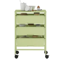 HOMCOM Carrinho Auxiliar com Rodas Carrinho de Cozinha de 3 Níveis com 3 Cestos e Estrutura de Aço 40,8x33,5x60,5 cm Verde(m-7)