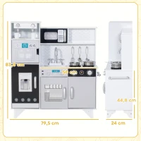 AIYAPLAY Cozinha de Madeira com Som Acessórios em Aço Inoxidável Micro-Ondas, Máquina de Gelo Cafeteira, Máquina de Lavar Loiça 79,5x24x83,8 cm Branco(m-3)