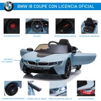 HOMCOM Coche Eléctrico BMW I8 COUPE con Licencia para Niños de +3 Años Batería 6V Control Remoto y Manual con Música MP3 Bocina y Faros 115x72,5x46 cm Azul(m-5)