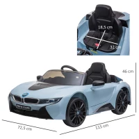 HOMCOM Coche Eléctrico BMW I8 COUPE con Licencia para Niños de +3 Años Batería 6V Control Remoto y Manual con Música MP3 Bocina y Faros 115x72,5x46 cm Azul(m-3)
