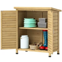 Outsunny Armario para Terraza de Madera con 2 Estantes Interiores 2 puertas de Buena Ventilación y Techo Inclinado para Exterior 87x46,5x96,5 cm Madera Natural(m-10)