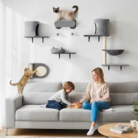 PawHut Mensole da parete per gatti, 5 pezzi, 2 nicchie, amaca e piattaforme tiragraffi in sisal, Grigio(m-2)