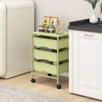 HOMCOM Carrinho Auxiliar com Rodas Carrinho de Cozinha de 3 Níveis com 3 Cestos e Estrutura de Aço 40,8x33,5x60,5 cm Verde(m-5)
