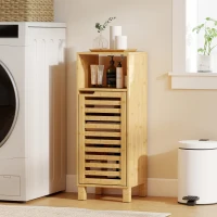 HOMCOM Bathroom Cabinet, Open Shelf, Cabinet, Bamboo Wood, Louvered Door, Light Brown(m-4)