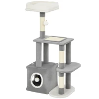 PawHut Árbol rascador para gatos con casita, cama y 2 bolas, en madera y peluche, 55x40x107 cm, gris y blanco(m-7)