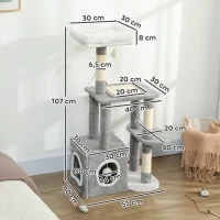 PawHut Arbre Griffoir pour Chats avec Maisonnette, Lit et 2 Balles, en Bois et Peluche, 55x40x107 cm, Gris et Blanc(m-3)