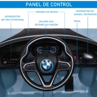HOMCOM Coche Eléctrico BMW I8 COUPE con Licencia para Niños de +3 Años Batería 6V Control Remoto y Manual con Música MP3 Bocina y Faros 115x72,5x46 cm Azul(m-7)