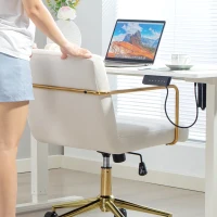 HOMCOM Chaise de bureau à roulettes avec accents dorés, chaise d'ordinateur à base métallique, revêtement en tissu effet velours, blanc crème(m-4)