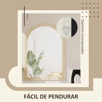 HOMCOM Espelho de Parede Arqueado Espelho de Casa de Banho 60x90 cm com Moldura de Imitação de Pedra Bege(m-5)