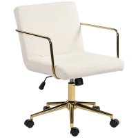 HOMCOM Chaise de bureau à roulettes avec accents dorés, chaise d'ordinateur à base métallique, revêtement en tissu effet velours, blanc crème