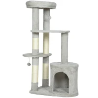 PawHut Arbre à chat 114 cm, tour avec cabane, poteaux en sisal, plateformes, multi-étages pour chats moyens jusqu'à 6 kg, Gris clair(m-1)